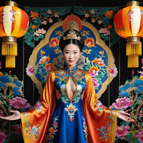 (Exotic, Chinoiserie-Cloisonist Dreamtapestry art by myself, inspired by the mystique of ancient_oriental_trade_routes and the allure of precious_metals :1.5), (a ravishing_beauty, her body an intrica