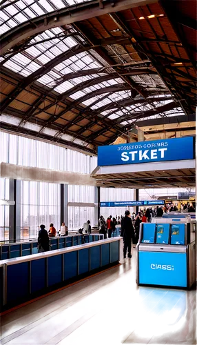 railway station, grand hall, high ceiling, glass roof, metal beams, modern architecture, busy atmosphere, people walking, luggage carts, ticket counters, electronic display boards, departures and arri