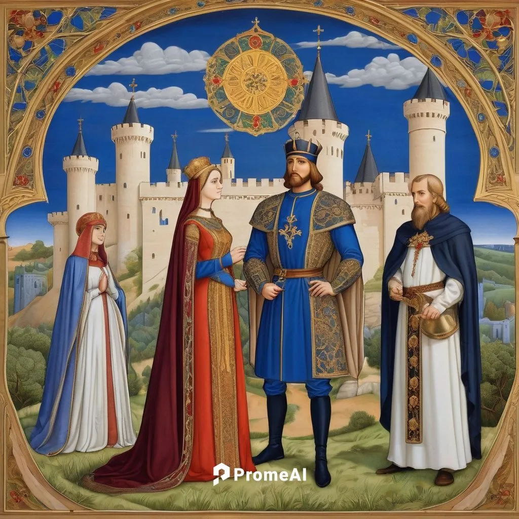 A medieval men and women in traditional costumes standing in nature, with a castle in the background. The style of the image is reminiscent of the Brothers Limbourg's "The Great Hours of the Duke of B