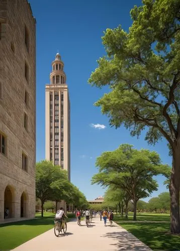 Texas, university campus, top-ranked architecture college, modern buildings, glass facades, steel structures, sprawling green lawns, students walking with backpacks, laptops, and architectural models,