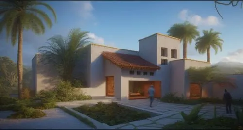 EL EXTERIOR DE UNA CASA CON ESTILO MEXCANO MODERNO, USO DE COLORES VIBRANTES, MATERIALES REFIONALES, TEJA, VIGAS DE MADERA, EN UN AMBIENTE EXUBERANTE, ESTANQUE DE AGUA AL FRENTE, PROPORCION, EXCELENTE