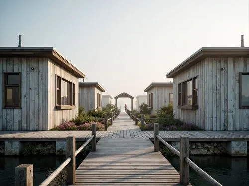 Weathered wooden docks, driftwood accents, sea-salt sprayed windows, ocean-inspired blues, sandy neutrals, coral reef pinks, seaweed greens, foggy misty mornings, warm golden lighting, shallow depth o