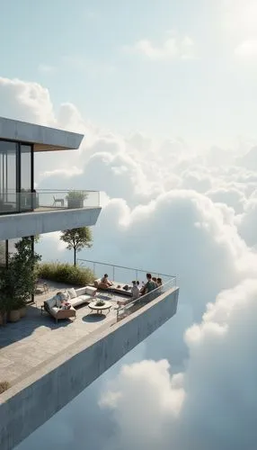 sky apartment,floating island,sky space concept,above the clouds,penthouses,modern house