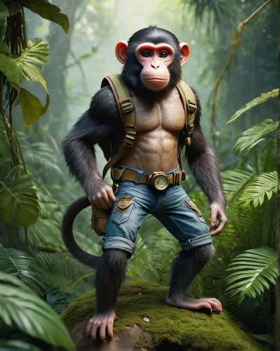 Anthropomorphic monkey, standing upright, strong muscular arms, detailed fur texture, curious expression, bright inquisitive eyes, wearing a tiny backpack, holding a small compass, adventure outfit, r