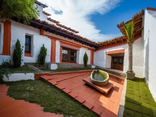 DISEÑO DE UNA CASA ESTILO MEXICANO MODERNO, CON UN CLAUSTRO CONFORMADO POR UNA TERRAZA  A BASE DE VIGAS DE MADERA, TEJA, COLUMNAS REDONDAS, EN EL CENTRO UN ESPEJO DE AGUA, CON EL ESTILO DE LA ARQUITEC