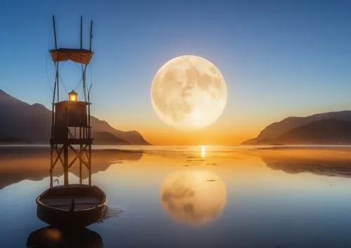 a full moon over a bay ,moonrise,moonlit night,hanging moon,moon and star background,full moon,moonshine,Photography,General,Realistic