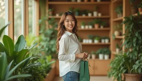 Calming green walls, natural plants, wooden shelves, modern minimalist store interior, warm softbox lighting, 3/4 composition, shallow depth of field, solo female customer, casual wear, jeans and whit