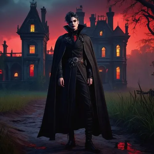 black coat,dracula,gothic portrait,halloween poster,house silhouette,vampire woman,count,overcoat,bram stoker,dark gothic mood,vampire,gothic woman,dodge warlock,trench coat,vampires,mystery book cover,long coat,gothic fashion,imperial coat,frock coat,Art,Classical Oil Painting,Classical Oil Painting 39