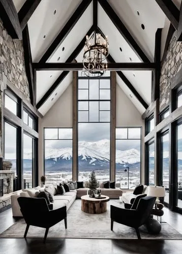 luxury home interior,alpine style,house in the mountains,the cabin in the mountains,beautiful home,family room,house in mountains,living room,snow house,sunroom,modern living room,loft,chalet,livingroom,great room,luxury home,contemporary decor,interior modern design,interior design,wooden beams,Illustration,Black and White,Black and White 33