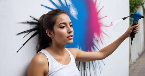 The woman is Spray painted art  on a wall,a girl in white tank top painting with spray paint,street artist,graffiti art,street artists,graffiti,spray paint,splash paint