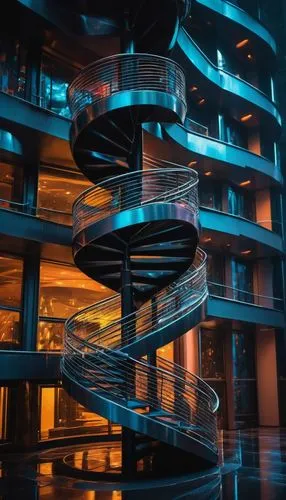 Abstract, futuristic skyscraper, majestic spiral staircase, gleaming metallic surface, intricate details, vibrant neon lights, artistic sculptures, avant-garde installations, trendy modern interior, u