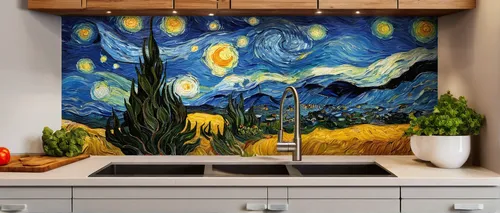 shower curtain,starry night,kitchen towel,glass painting,tile kitchen,laundry room,kitchen cabinet,aquarium decor,vincent van gogh,bathroom cabinet,vincent van gough,countertop,modern decor,kitchen design,kitchen sink,wall decor,wall panel,wall decoration,mosaic glass,room divider,Art,Artistic Painting,Artistic Painting 03