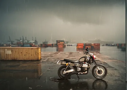 Containers, harbor, heavy rain, wet floor,monsoon,heavy rain,bonneville,harley-davidson,harley davidson,docks,weather-beaten,motorcycles,rainy day,motorcycling,motorcycle,motorbike,rain bar,cafe racer