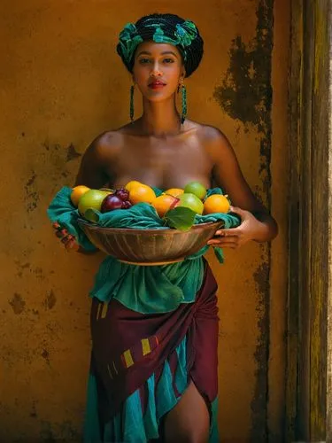 My most beautiful and young Creole hostess came up to me with a bowl of the most delicious fruit and beamed at me lovingly.,a woman with fruit in her hand is standing in front of a door,african woman,