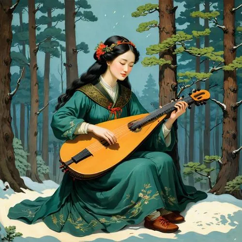 guqin,woman playing,gayageum,lutenist,woman playing violin,classical guitar,shamisen,theorbo,balalaika,chansonnier,dulcimer,violin woman,lutenists,folk music,strumming,chromolithography,cavaquinho,bouzouki,takamine,voyageur,Illustration,Retro,Retro 07