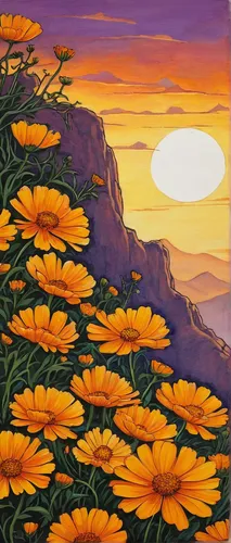 Write a poem blending calendula petals with golden sunsets.,sunflowers in vase,flower in sunset,sun flowers,sun daisies,sunflower field,sand coreopsis,sunflowers,flower painting,flowerful desert,yello