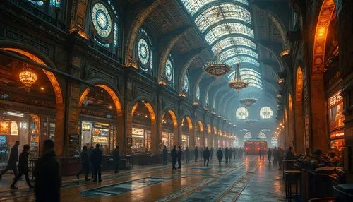 Futuristic train station, grandeur architecture, expressionist style, intricate ironwork, ornate chandeliers, geometric shapes, vibrant colors, distorted proportions, abstract patterns, busy atmospher