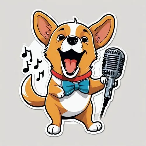 Create a retro-style sticker featuring a cute and funny dog singing into a microphone. The dog has a passionate expression, with musical notes floating around. The design should include bright and che