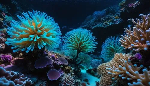 macrophotograph, beautiful bioluminescent blue glow quantum  sea coral polyp on the reef, natural lighting, light-focused, amateur shot,coral reefs,coral reef,anemone fish,feather coral,stony coral,se