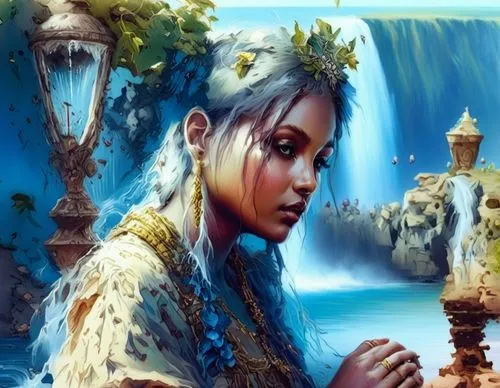 a painting shows a woman with flowing hair and jewels,fantasy art,fantasy picture,water nymph,woman at the well,atlantica,inanna,Illustration,Realistic Fantasy,Realistic Fantasy 15