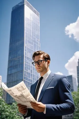 Architectural engineer, male, 35yo, short brown hair, glasses, white shirt, black tie, dark blue suit, standing, holding a blueprint, in front of a skyscraper model, modern cityscape, sunny day, clear