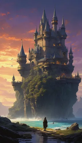 fairy tale castle,summit castle,water castle,gold castle,knight's castle,fairytale castle,studio ghibli,fantasy landscape,castle,castle of the corvin,disney castle,castel,fantasy world,ghost castle,fantasy city,fantasy picture,house of the sea,house silhouette,castles,stone palace,Art,Classical Oil Painting,Classical Oil Painting 32