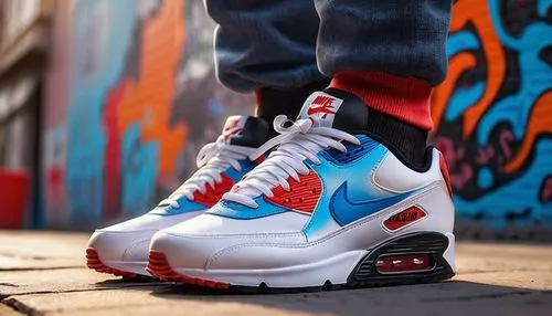 Nike Air Max sneakers, colorful, vibrant, detailed laces, white base, gradient blue and red accents, shiny metallic eyelets, bold logo, worn by a young boy, standing, casual pose, one foot in front of