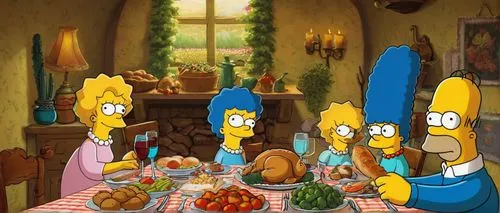 Marge Simpson, last supper, dinner table, family gathering, warm lighting, nostalgic atmosphere, 1950s style interior, wooden dining table, floral patterned tablecloth, Marge's signature blue beehive 