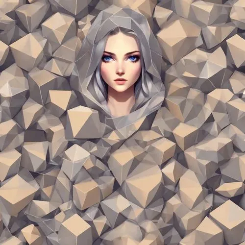 a doll that is standing in the middle of a large cube,stone background,diamond background,diamond wallpaper,faceted diamond,low poly,silverite,Digital Art,Low-Poly