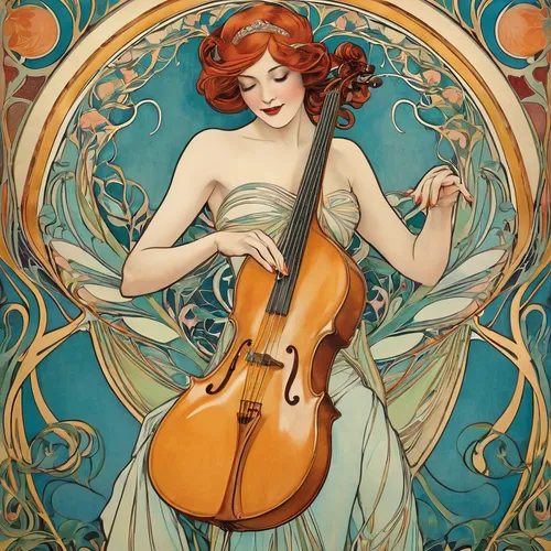 mucha,art nouveau,woman playing violin,cello,art nouveau design,violinist,violin woman,violin,violoncello,cellist,violin player,playing the violin,alfons mucha,violist,lyre,bass violin,violinist violinist,string instruments,string instrument,violone,Illustration,Retro,Retro 08