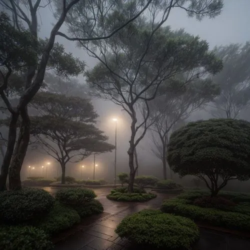 a street light shines brightly through the mist in an evergreen - filled park,foggy landscape,dense fog,ground fog,niebla,wave of fog,morning fog,the fog,fog,early fog,high fog,veil fog,foggy day,nebl