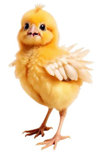 Yellow chick, cartoon style, baby animal, small wings, beak, bright curious eyes, fluffy feathers, tiny legs, standing, one leg bent, cute expression, soft focus, warm lighting, pastel color tone, sim