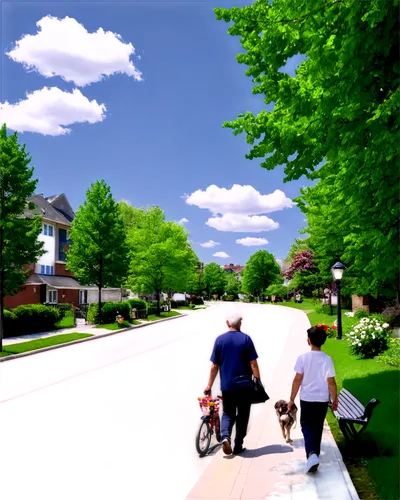 Residential building, suburban area, sunny day, blue sky, white clouds, green trees, vibrant flowers, walking path, benches, children playing, mothers chatting, fathers reading, seniors strolling, dog