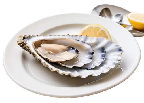 Freshly opened oyster shell, pearlescent interior, juicy flesh, dew drops on shell, white plate, silver fork, lemon wedges, soft focus background, shallow depth of field, warm lighting, 3/4 compositio