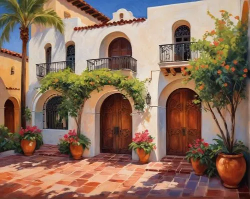 mexican painter,palmilla,casitas,hacienda,santa barbara,spanish tile,bougainvilleas,patios,exterior decoration,casa,houses clipart,art painting,riad,oil painting,oil painting on canvas,house painting,bougainvillea,courtyard,italian painter,bougainvilleans,Conceptual Art,Oil color,Oil Color 25