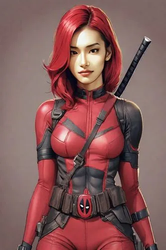  Heavy makeup, messy dyed hair, angular cheekbones, small eyes, thin lips, low nose, upper body,a cartoon female in red and black outfit,romanoff,karai,vanterpool,markswoman,kunoichi,superwasp,Digital