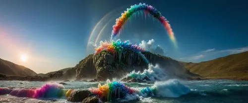 rainbow waves,waterval,colorful water,splash photography,water splash,fountain of friendship of peoples,water display,geyser,water fall,cascading,bifrost,sea water splash,water spout,jet d'eau,rainbow