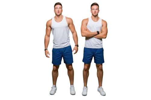 Upwards flash, dynamic pose, young muscular man, athletic build, white tank top, blue sport shorts, sneakers, confident facial expression, sweat droplets, strong legs, energetic atmosphere, high-angle