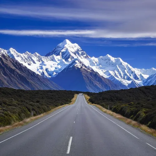 Mount Cook, empty road Highway 80, Mount Cook National Park, UNESCO World Heritage Site, South Island, New Zealand, Pacific,new zealand,mt cook,south island,newzealand nzd,the pamir highway,nz,mountai