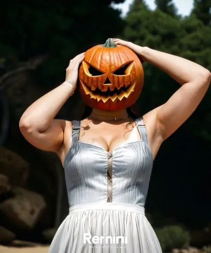 Montamhas de Sandy Shores, noroeste GTA V Online,a young woman is dressed in white as she holds a pumpkin on her head,retro halloween,pumpsie,pumpkin autumn,pumpkin spider,kirdyapkin,pumpkin