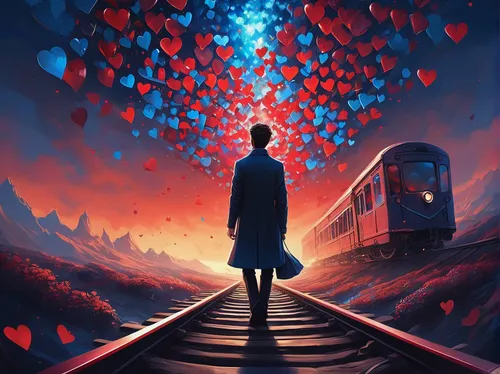 red and blue heart on railway,glowing red heart on railway,red heart on railway,train of thought,heart medallion on railway,the train,last train,train,the girl at the station,the heart of,the luv path,diamond-heart,train ride,throughout the game of love,heart in hand,journey,crying heart,train way,railroad,red heart medallion on railway,Conceptual Art,Fantasy,Fantasy 21