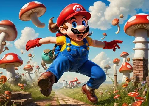 Female Mario, Mario character, red hat, blue overalls, white gloves, brown shoes, mustache, bright smile, energetic pose, jumping, running, mushrooms, coins, bricks, pipes, grassland, sunny day, warm 