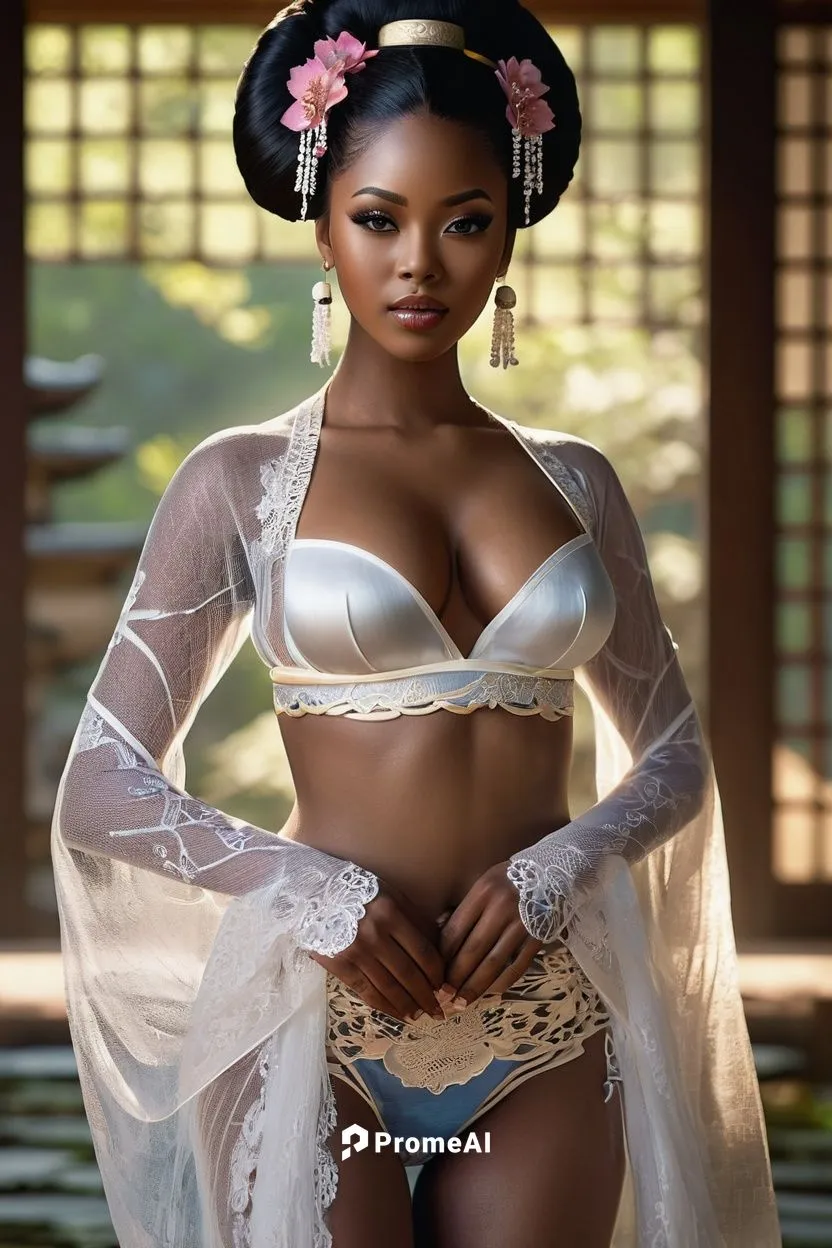 Beautiful sudanese black woman, UPSCALED, full body, 18K, Realistic, Hyper detail face, beautiful face, wearing parts of a translucent tulle Japanese Geisha dress and a lace underwear hyper detailed, 