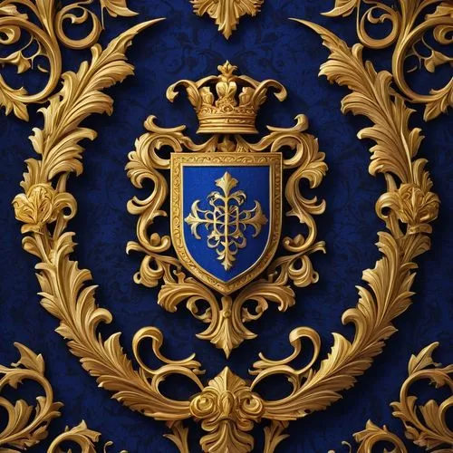 Majestic crest, golden outline, intricate design, bold font, royal blue background, ornate details, curved shape, symmetrical composition, regal atmosphere, medieval inspiration, luxurious feel, velve