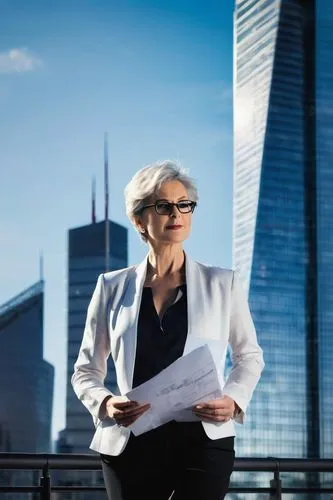 Mature lady, senior architect, elegant posture, glasses, short grey hair, subtle makeup, formal business attire, white shirt, black blazer, fitted trousers, high heels, holding blueprints, standing in