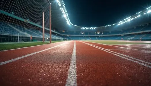 Copper material, sports fields, stadium, athletic tracks, copper-plated goalposts, shiny reflective surface, metallic texture, modern architecture, sleek lines, nighttime, floodlights, dramatic shadow