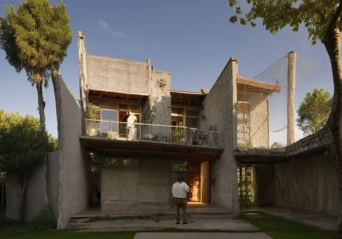 Diseño de una casa estilo mínimalista con muros blancos combinados con color gris, plafones con madera, fotografía hiperrealista, alta definición, resolución 8k. ,corbu,cubic house,casita,arcosanti,du