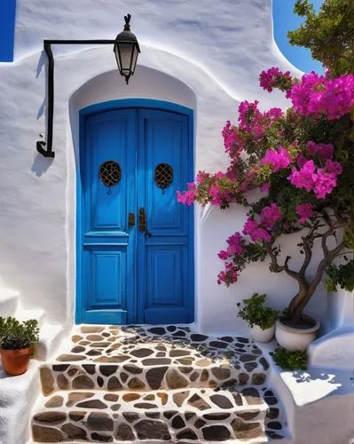 Greek house, traditional Cycladic architecture, whitewashed walls, blue domed roof, wooden door, ornate metal door handle, colorful ceramics, Bougainvillea climbing up walls, narrow cobblestone street