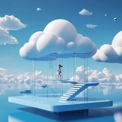 ((best quality)), ((masterpiece)), (detailed), (realistic), modern geometric shapes, blue color palette, floating platforms, reflective water surface, soft clouds, minimalistic design, futuristic arch