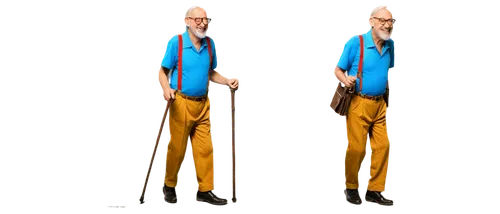 Funny cartoon old man, white beard, glasses, wrinkles, smiling face, balding head, yellow teeth, brown suspenders, blue pants, black shoes, walking stick, dynamic pose, exaggerated expression, bright 